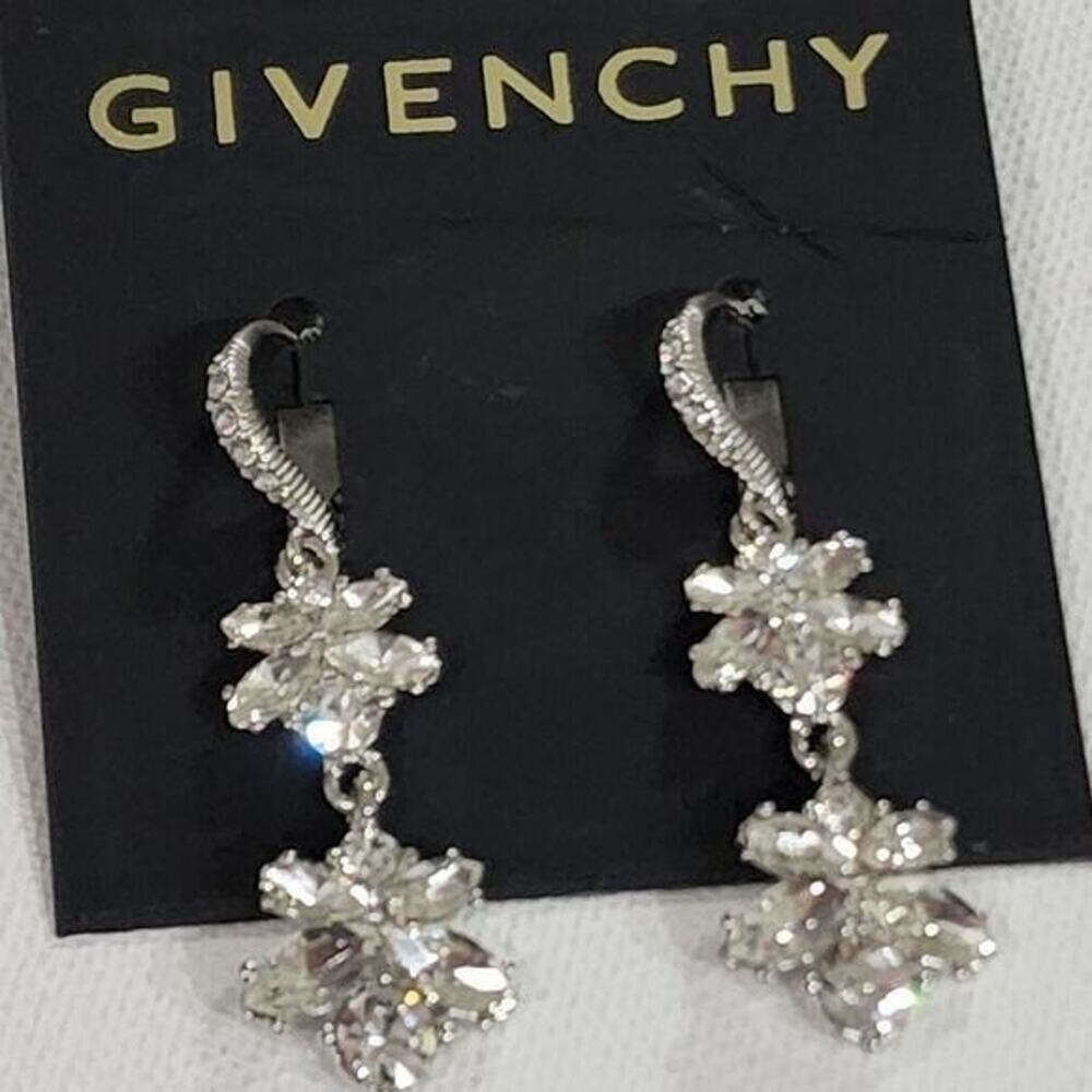 Givenchy Silver Tone Crystal Double Floral Cluster Drop Leverback Earrings